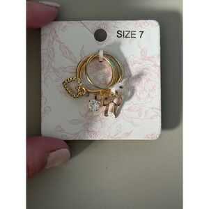 Francesca's Girly Icons Gold Ring Set Size 7 Heart Bow Rhinestone Charms 3pc NEW